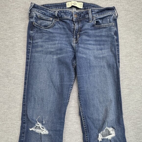 Hollister Womens 9R Blue Distressed Bootcut Jeans Denim Ripped Knee Medium Wash - Picture 3 of 13